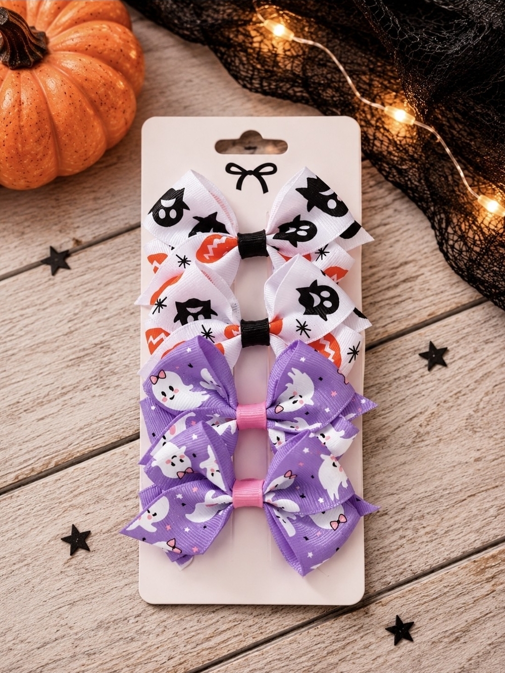 Halloween Hair Bow Set Ghost Purple White Grosgrain Bows 4 Pack